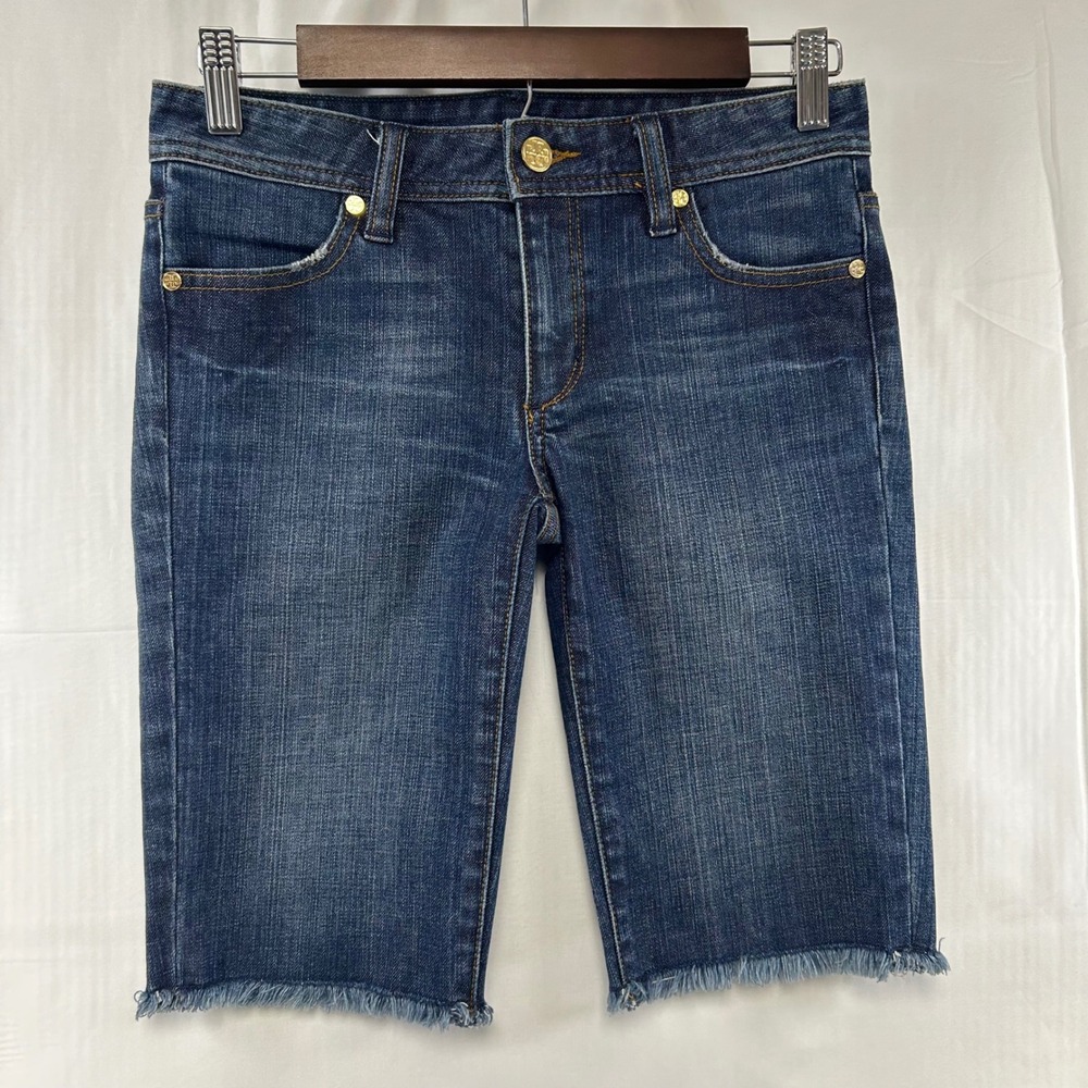 Tory Burch Bermuda Shorts Womens 25 Blue Denim Raw Fringe Hem Gold Logo Hardware